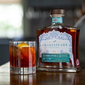 A negroni cocktail next to a bottle of gin
